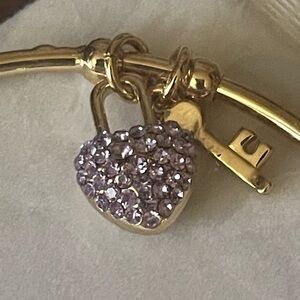 Gold Tone Heart Key Charm Bangle with Swarovski Purple Lilac Crystals NWT